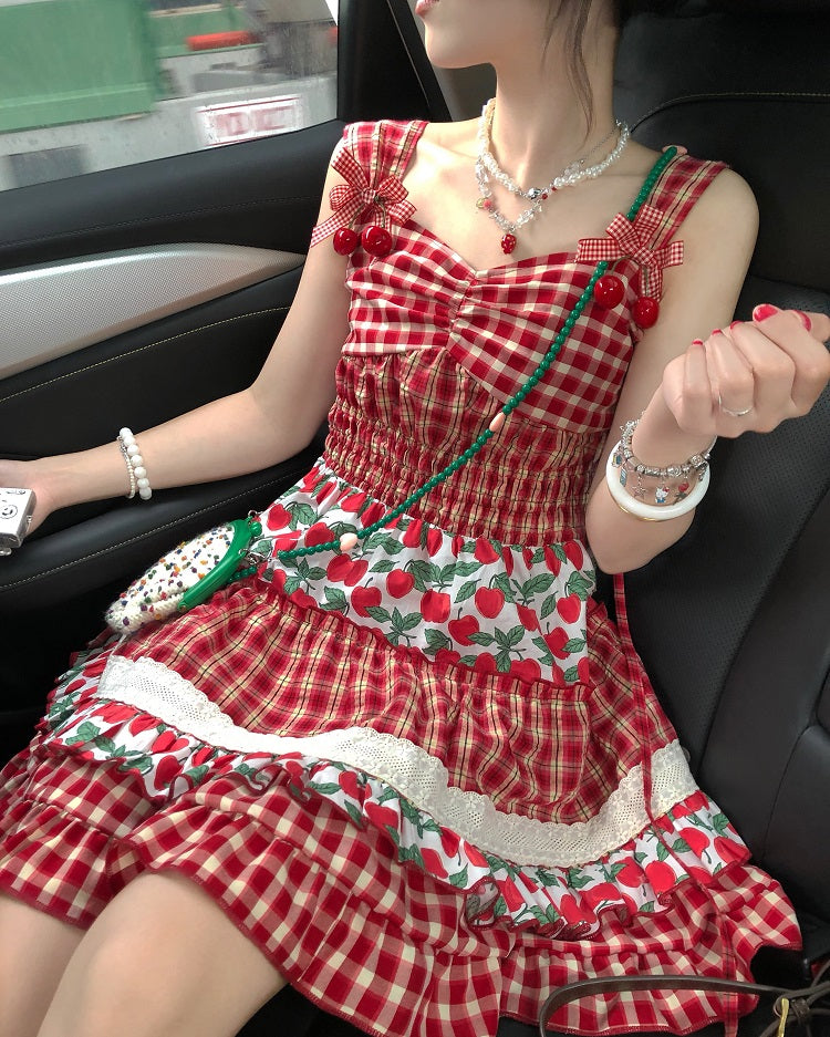 Sweet Cherry Plaid Suspender Dress