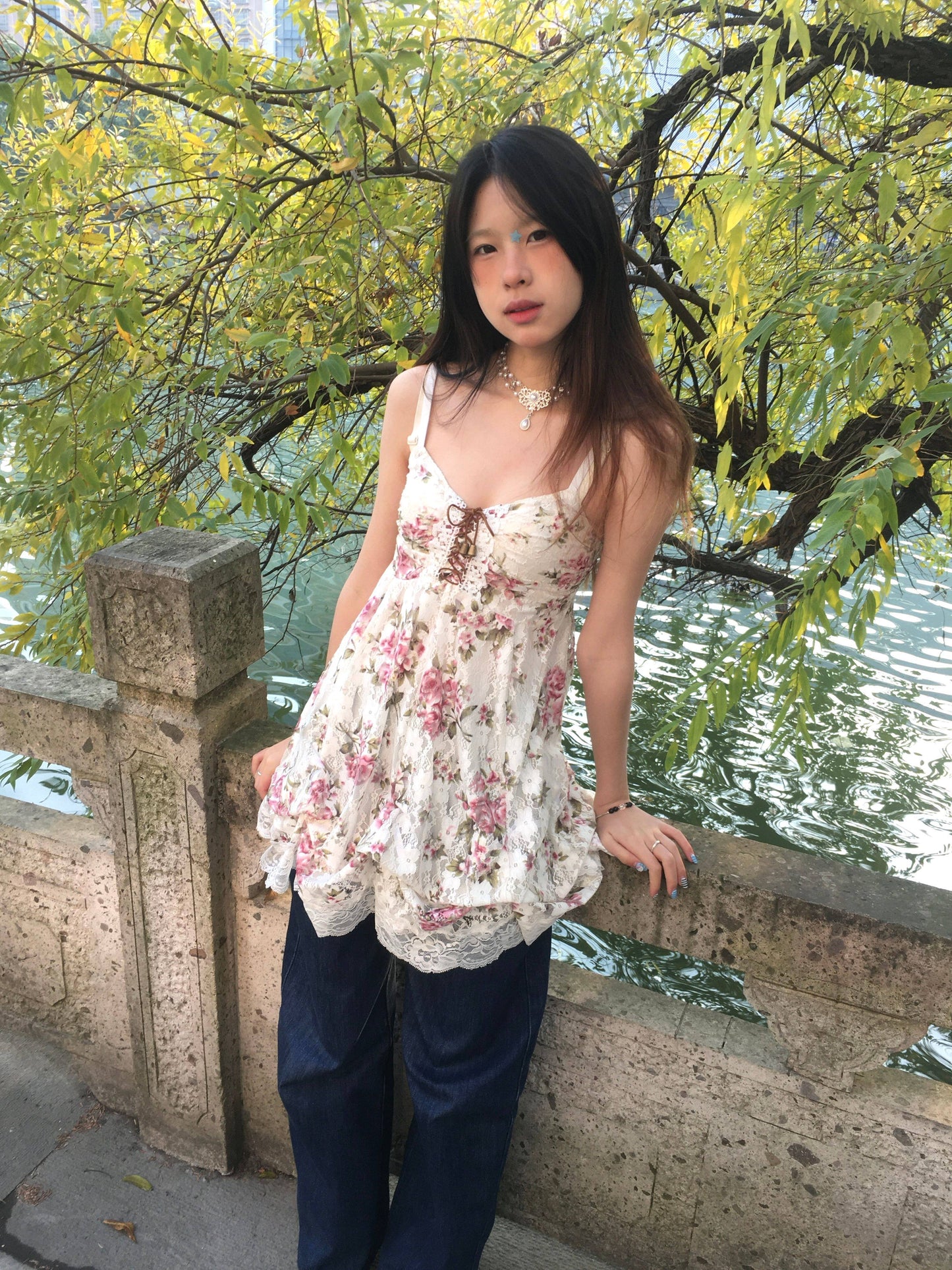 Versatile Floral Print Dress with Lace Trim