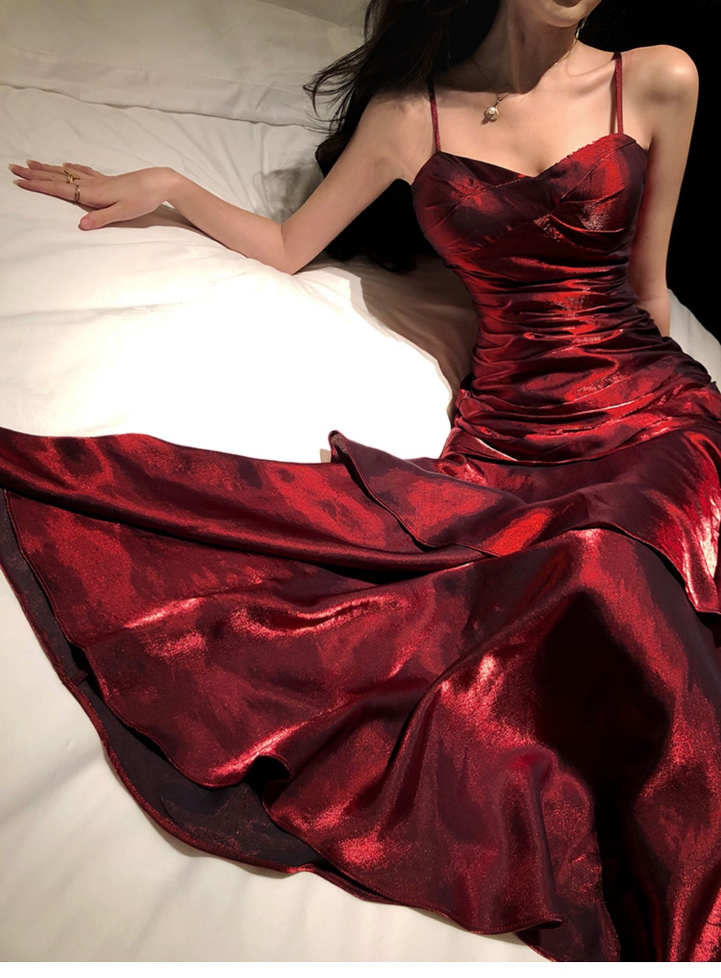 Burgundy Satin Fishtail Prom Dress