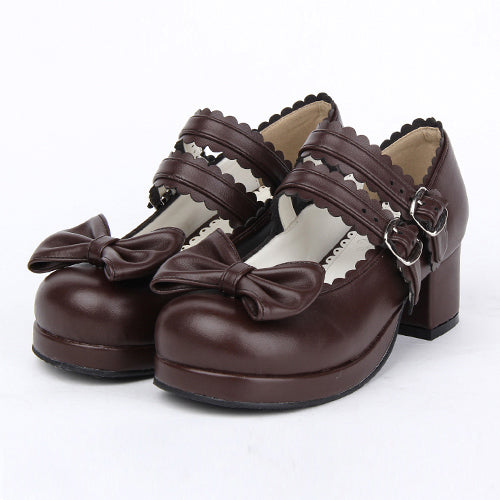 Double Buckle Bowknot Sweet Lolita Shoes Brown