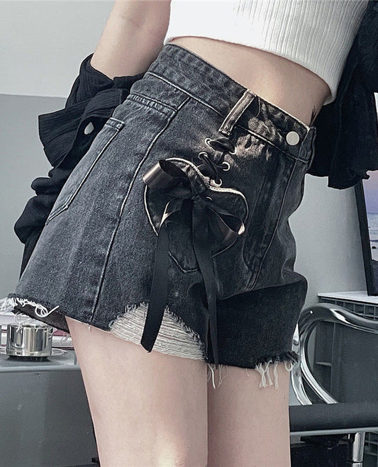 Bow-tied Ripped Denim Shorts