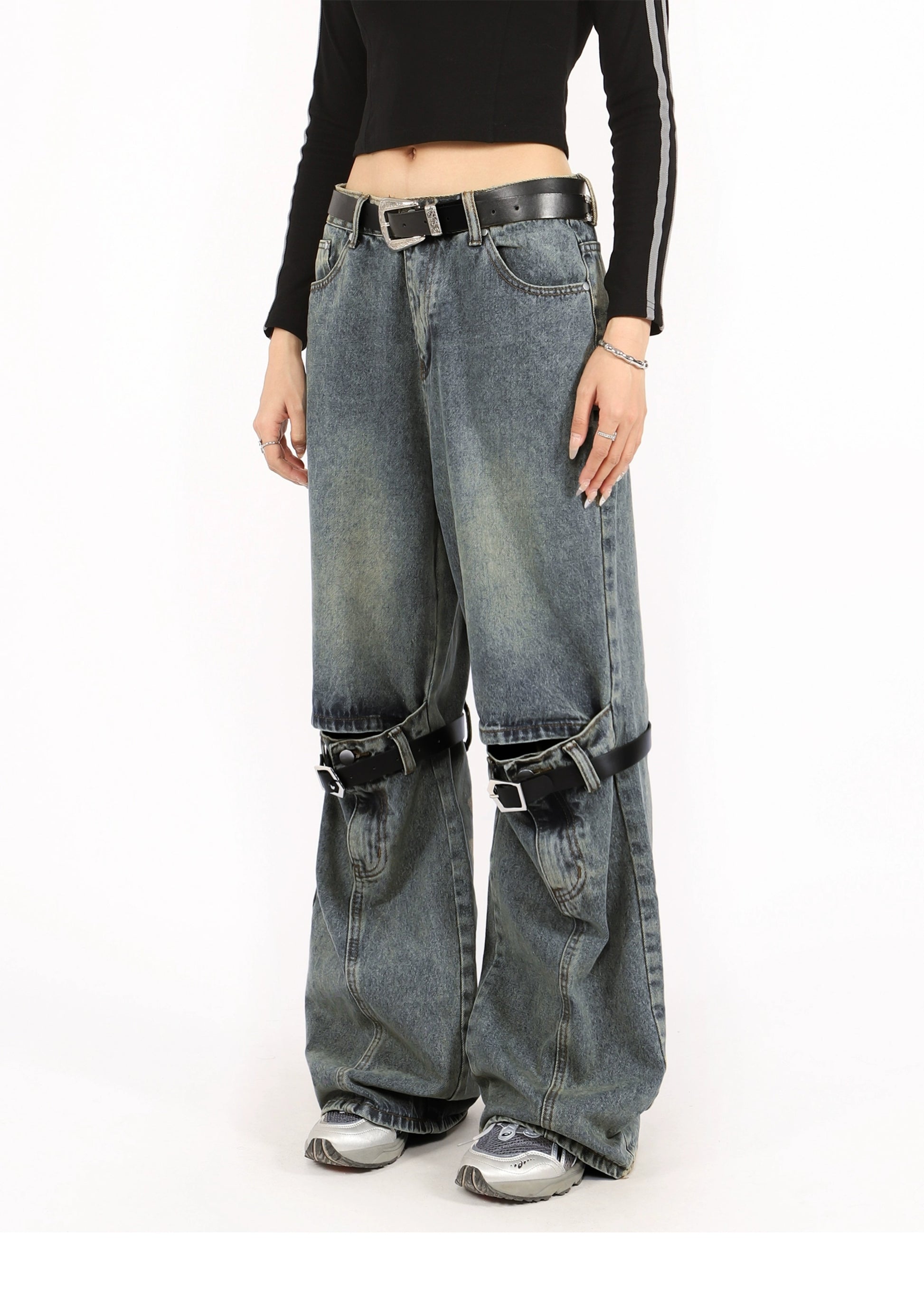 Grunge Ripped Distressed Belt Buckle Jeans