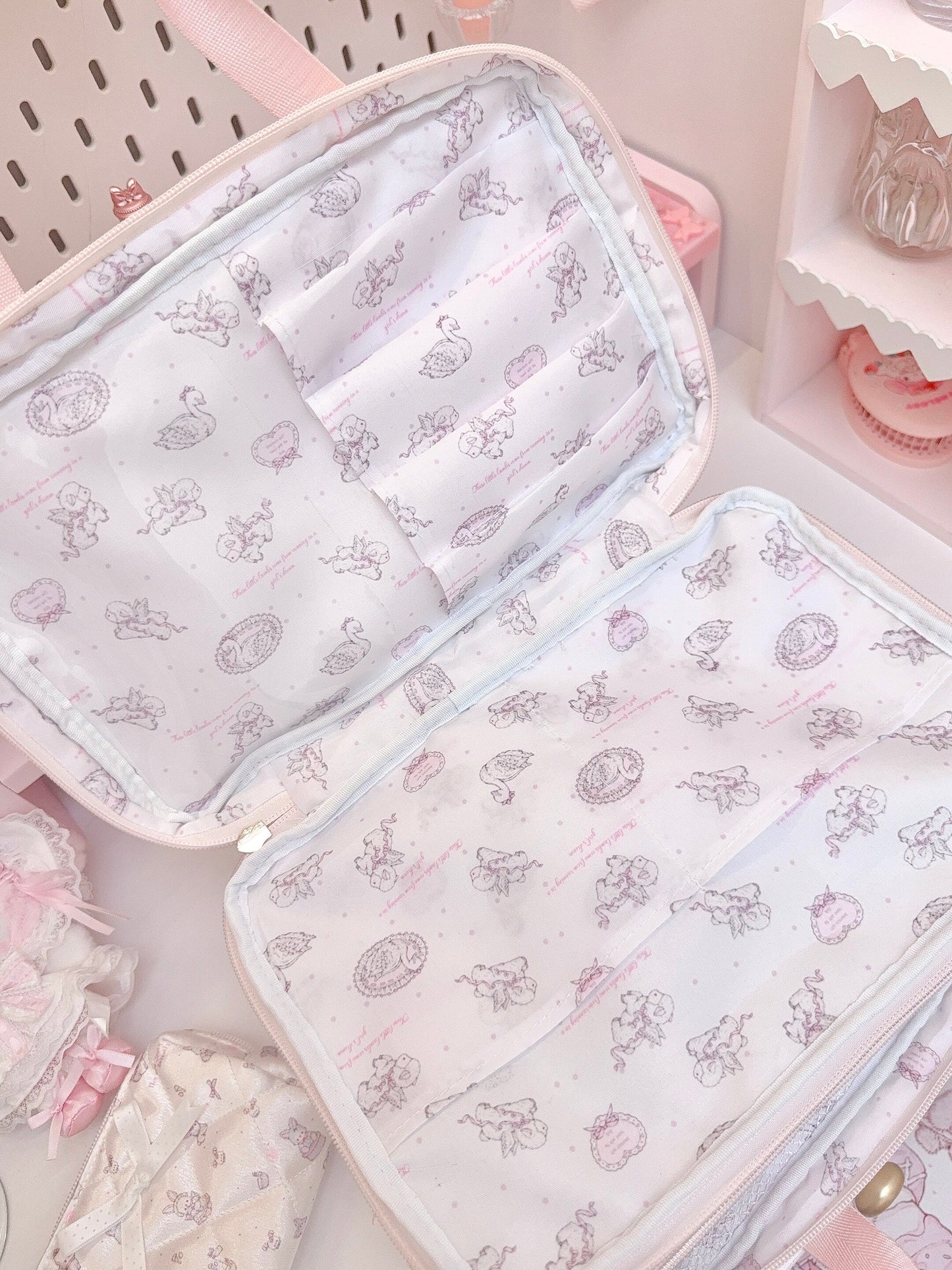 kawaii pink three-layer storage bag