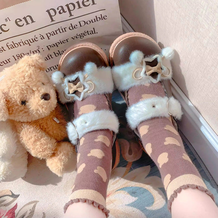Star Bunny Ears Bowknot Furry Sweet Lolita Shoes 5 Colors Brown