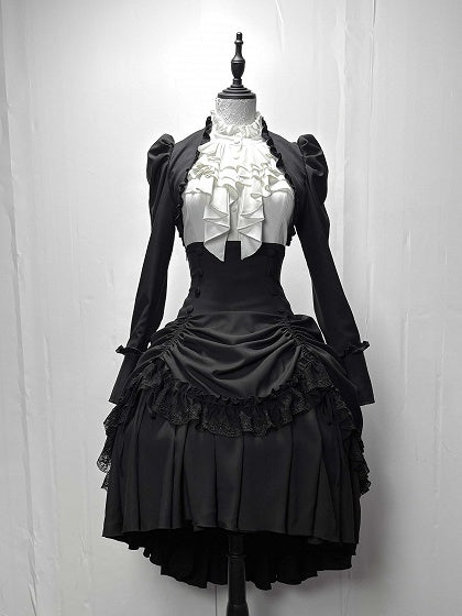 [Pre-order] Dark Gothic Black Short Jacket + White Shirt + Rose Ribbon