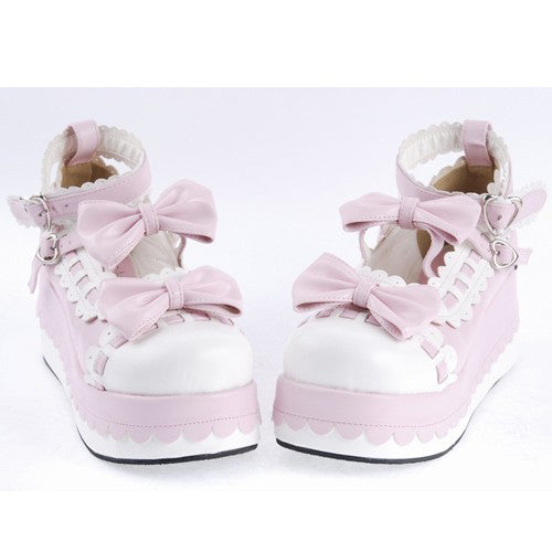 Pink Synthetic Leather Round Toe Ankle Straps Bow Decoration Platform Lolita Shoes