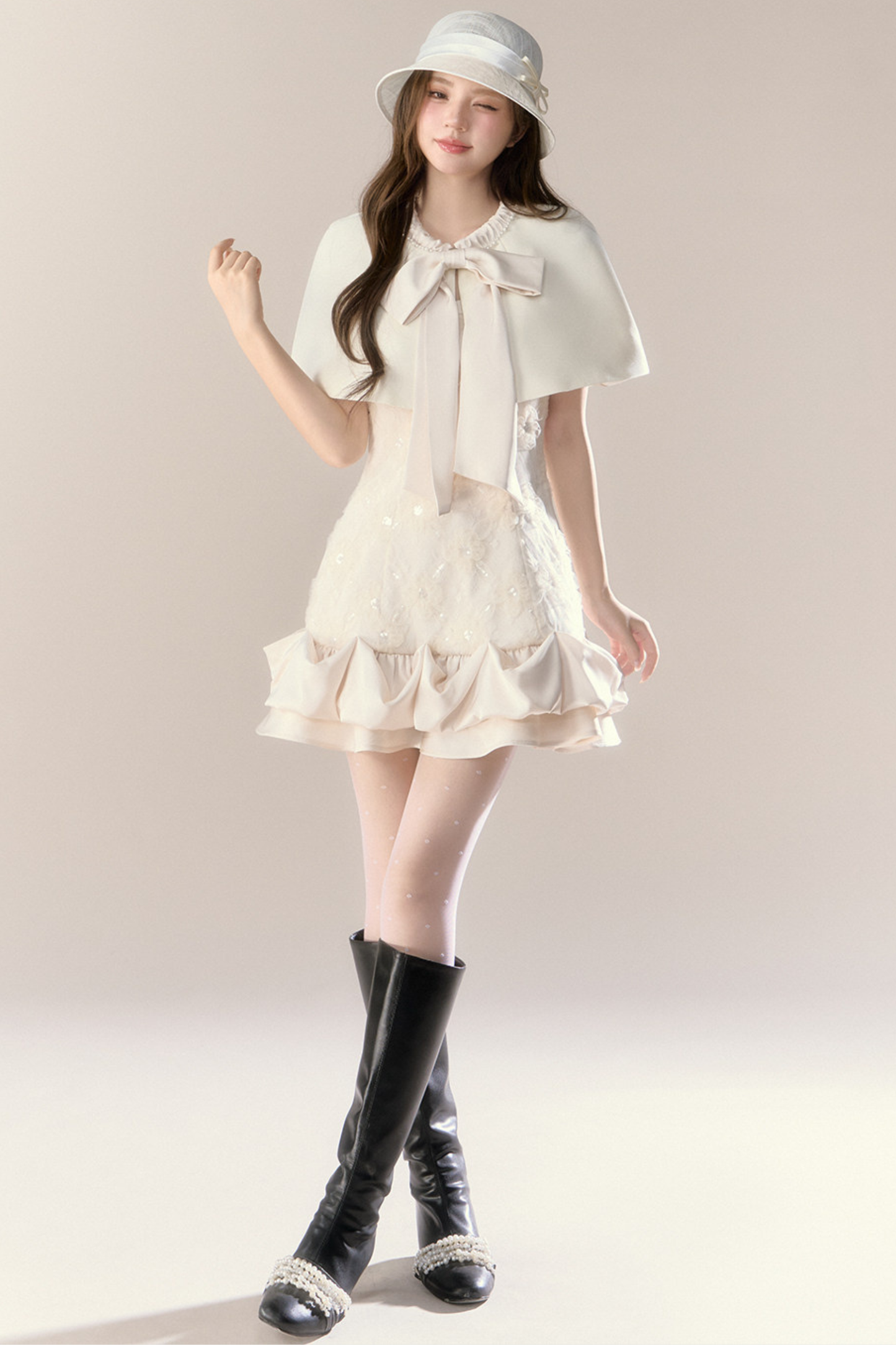 Frill Girly Pure Sleeveless Dress + Ribbon Cape