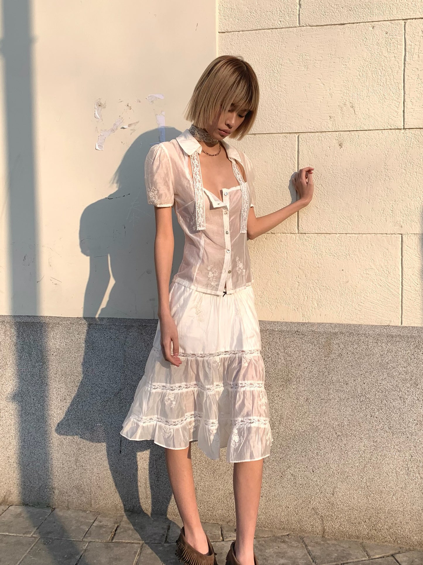 Bubblegum French Playful Sheer Light-Flare Short Sleeve Blouse