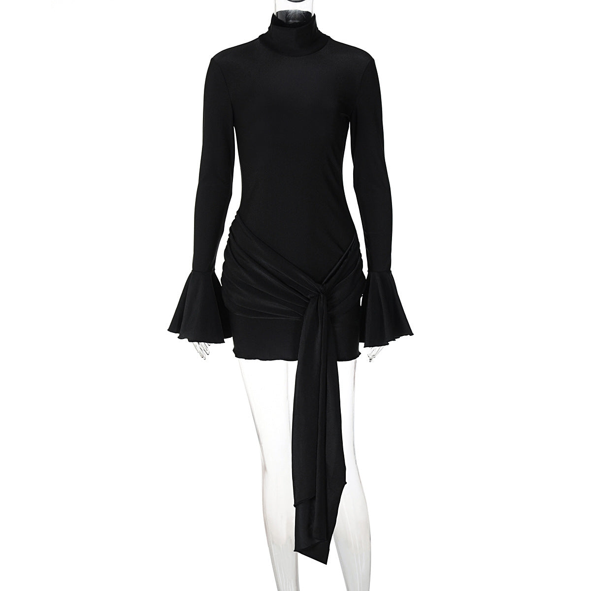 Half-high Collar Trumpet Long-sleeved Ribbon Dress