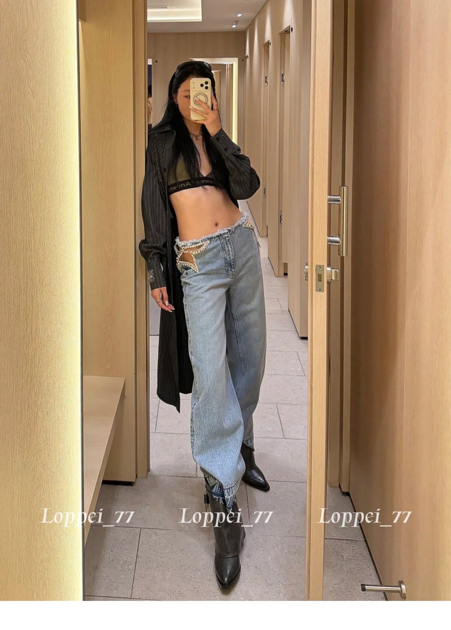 Blue Rhinestone Cutout Jeans