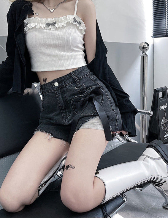 Bow-tied Ripped Denim Shorts