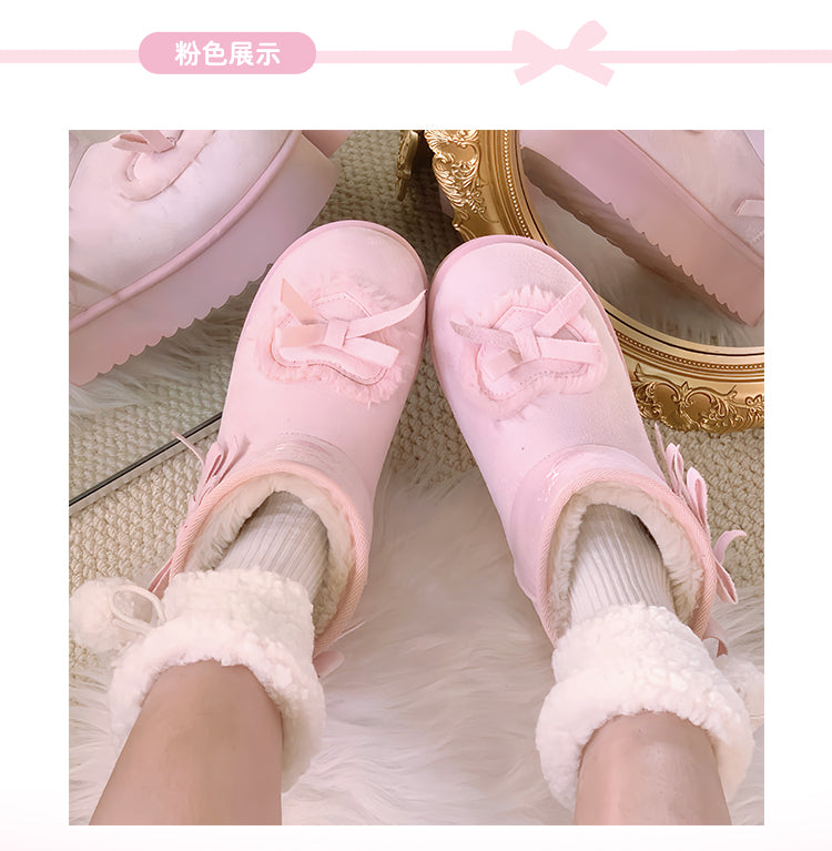 pink velvet heart-knot thick-soled snow boots