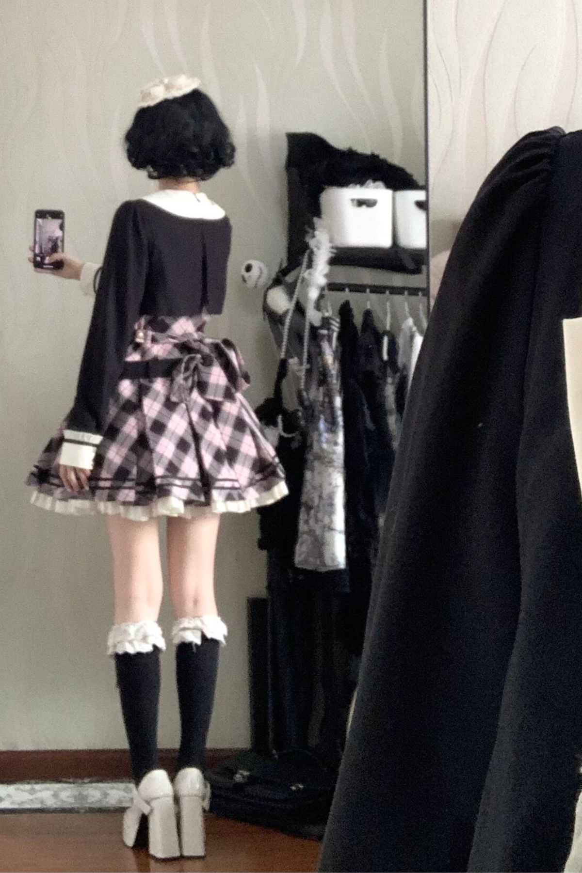 Check Sweet College Faux Two-Piece Dress + Beret