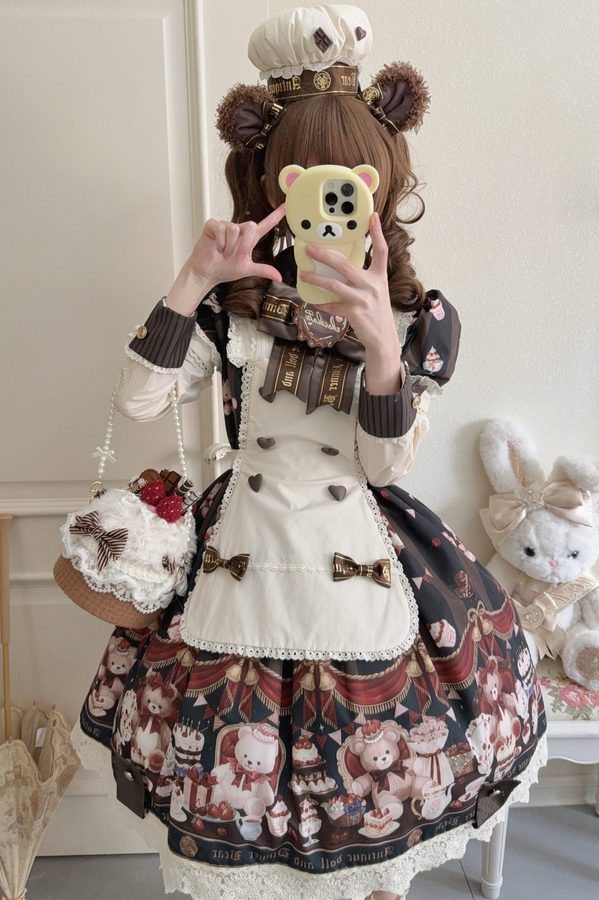 Antique Bear Chef Lolita Dress + Apron + Sleeves + Headband + Brooch + Hair Clip + Hat