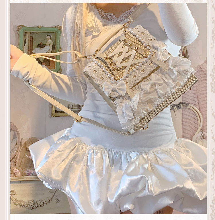Bow Pearl Ribbon Straw Backpack