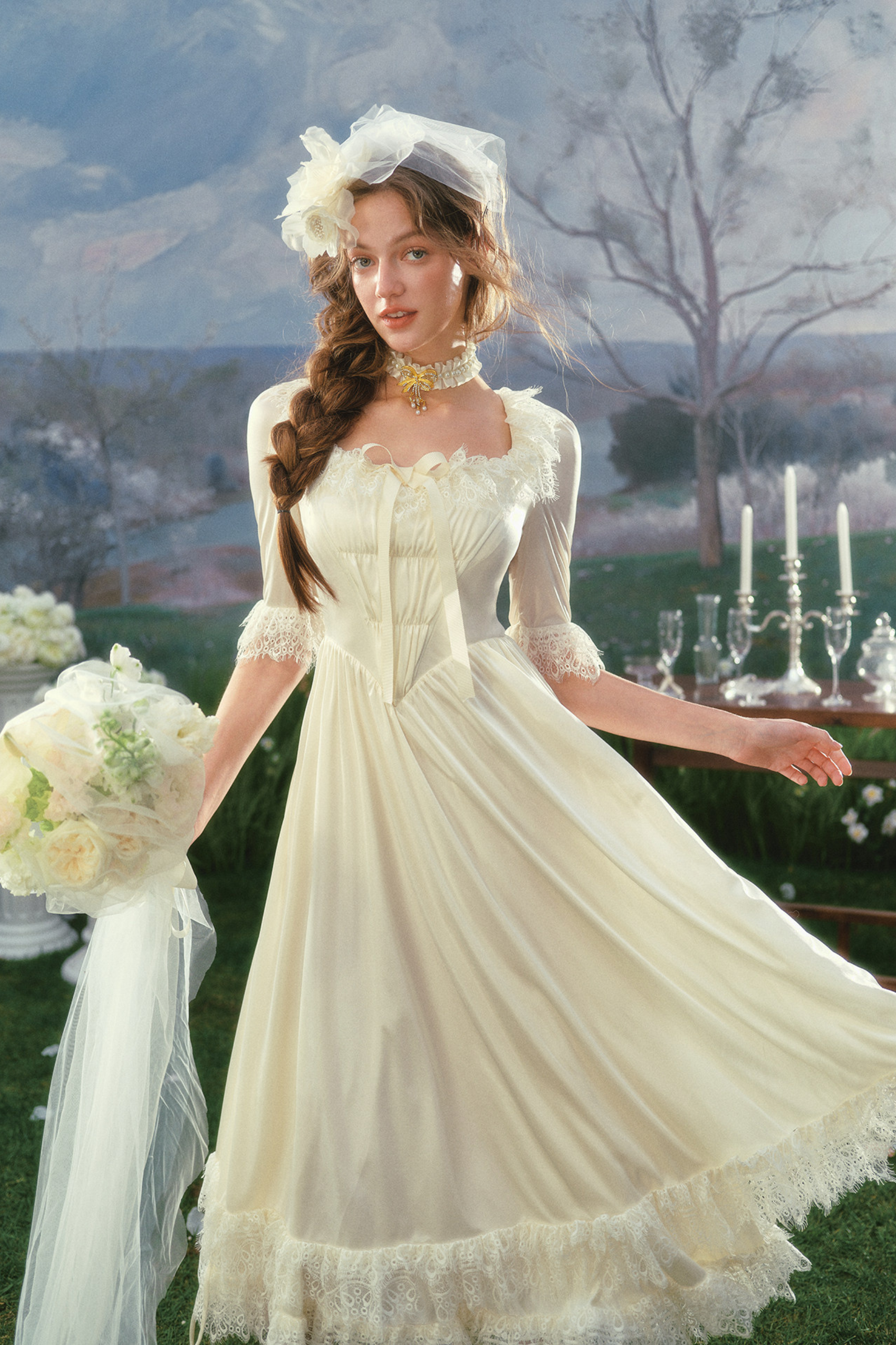 French Retro Satin Wedding Dress