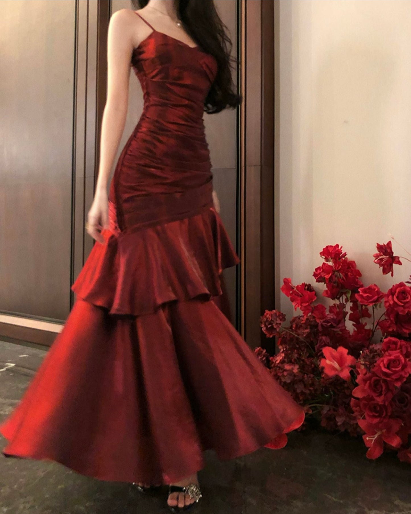 Burgundy Satin Fishtail Prom Dress