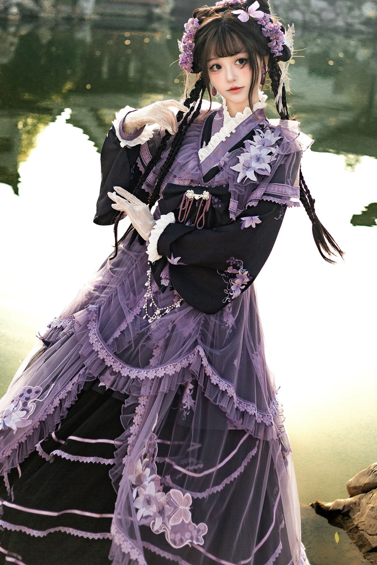 Purple Silk Cross Collar Dress