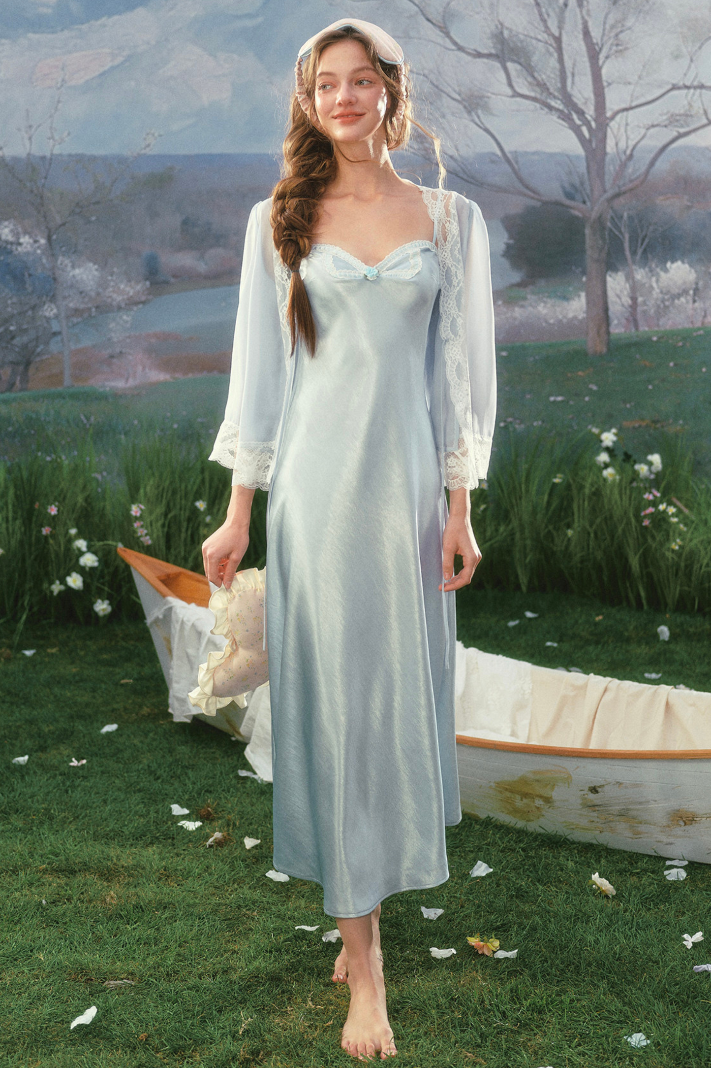 Lace Maid Blue Satin Cardigan Dress + Cardigan