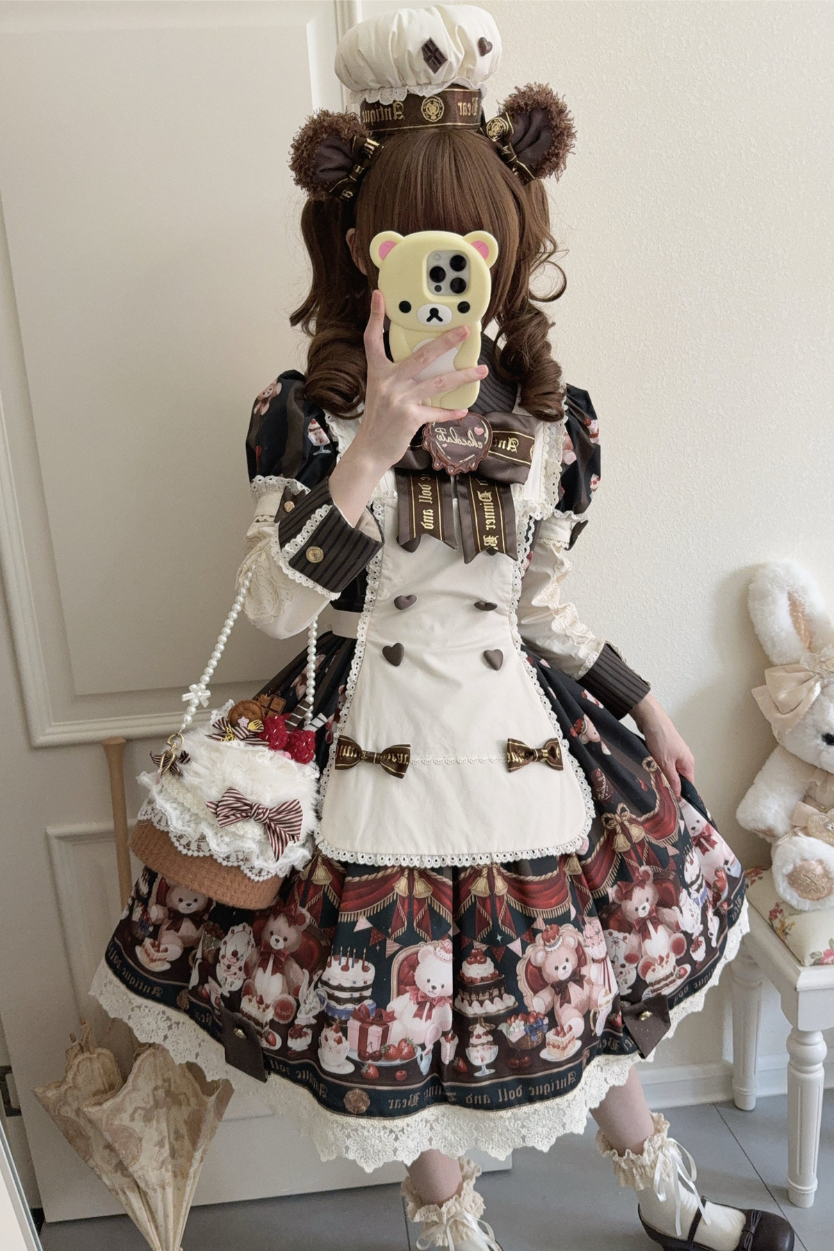 Antique Bear Chef Lolita Dress + Apron + Sleeves + Headband + Brooch + Hair Clip + Hat