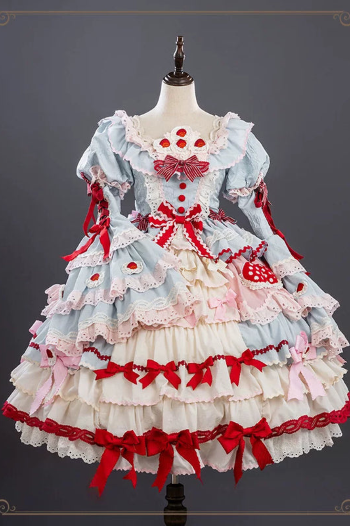 Strawberry Fantasy Lolita Dress + Jumper Skirt + Ribbon + Sleeves + Bonnet Blue［Dress］