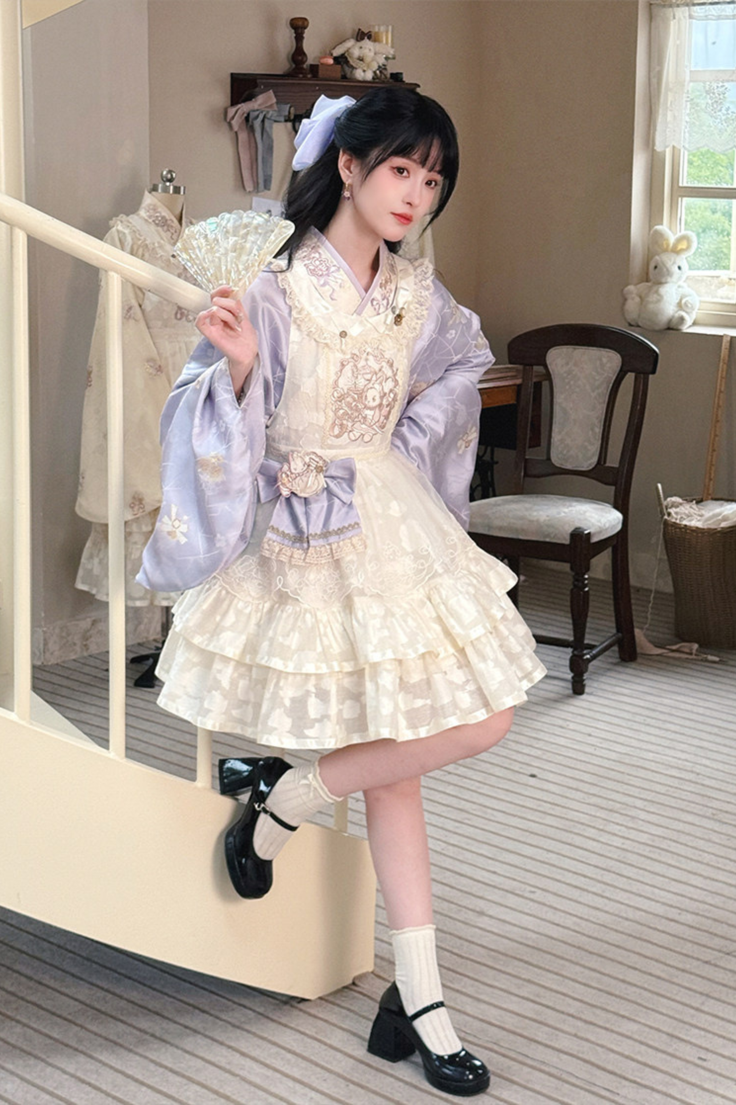 Chinese Pastel Top + Apron + Bow + Necklace + Brooch + Hair Accessories
