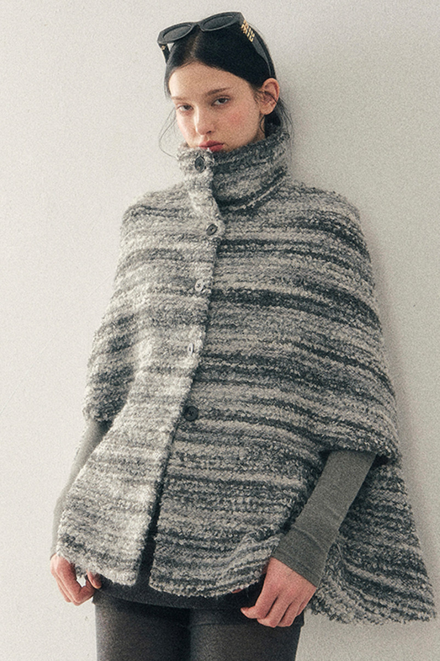 French Striped Wool Turtleneck Coat