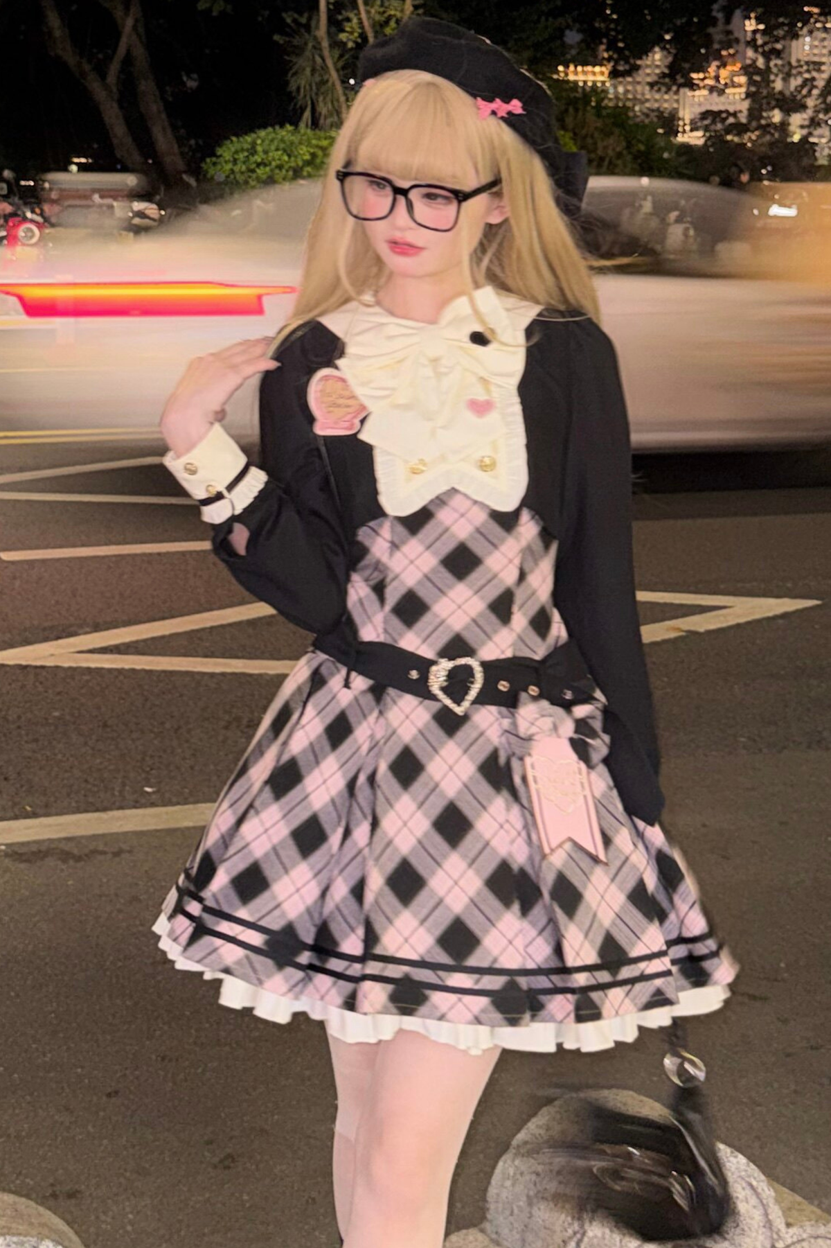 Check Sweet College Faux Two-Piece Dress + Beret