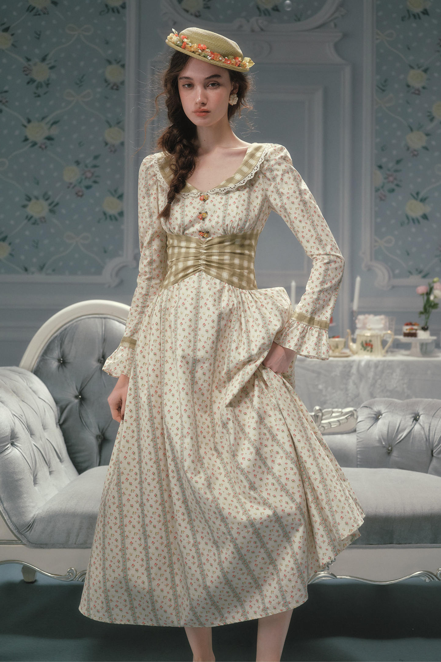 Retro Lace Maid Floral Cotton Dress