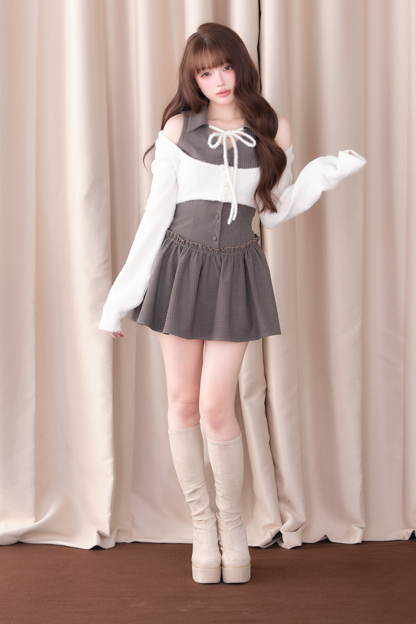 Sweet Off-Shoulder Faux Two-Piece Dress