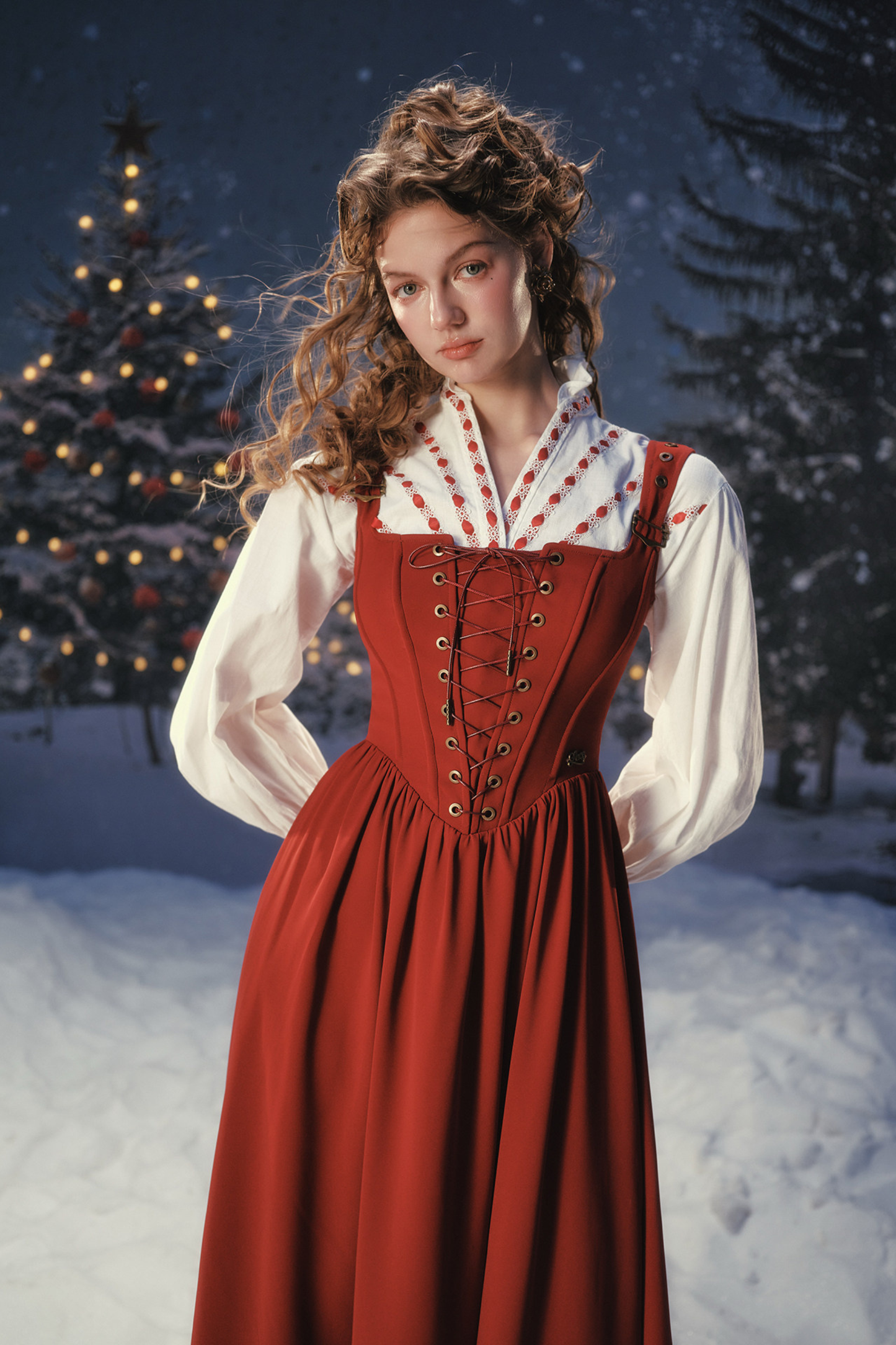 Lace Maid Retro Red Suspender Dress + Blouse