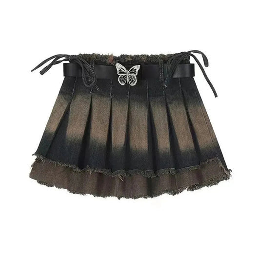 Retro Butterfly Denim Pleated Skirt