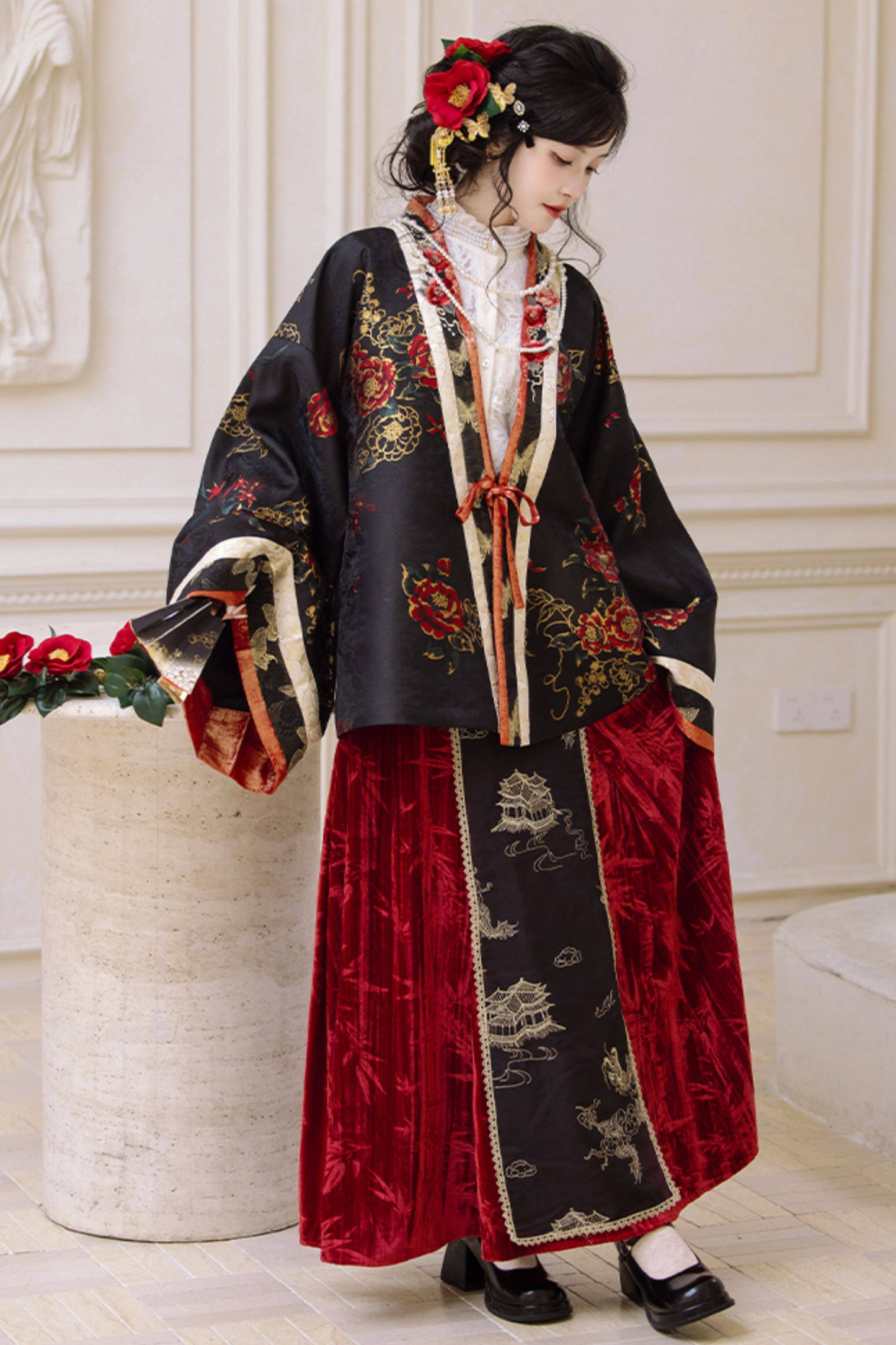 Camellia Embroidered Gold Top