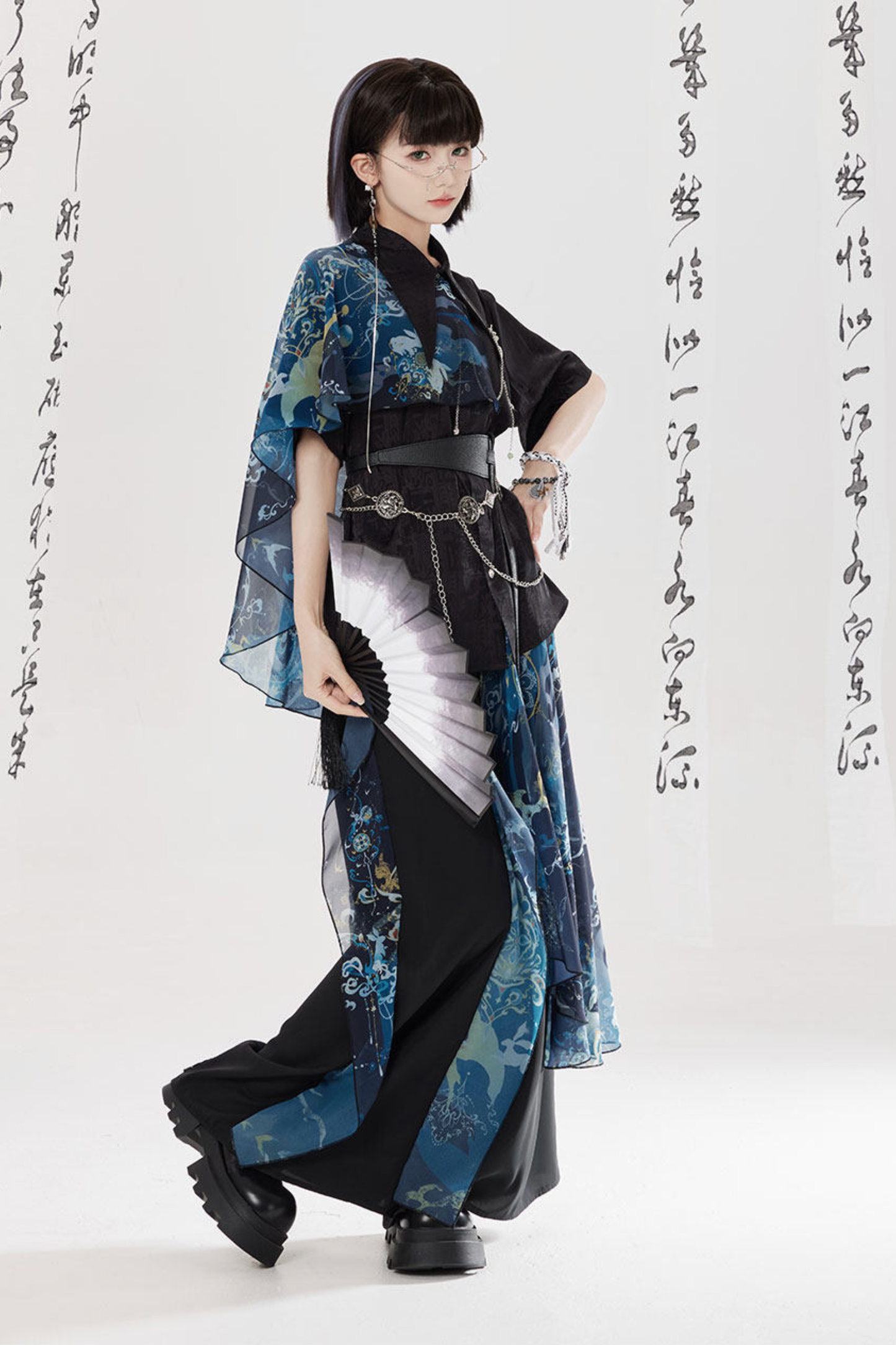 Dark China Shirt + Wide Leg Pants + Chain + Belt