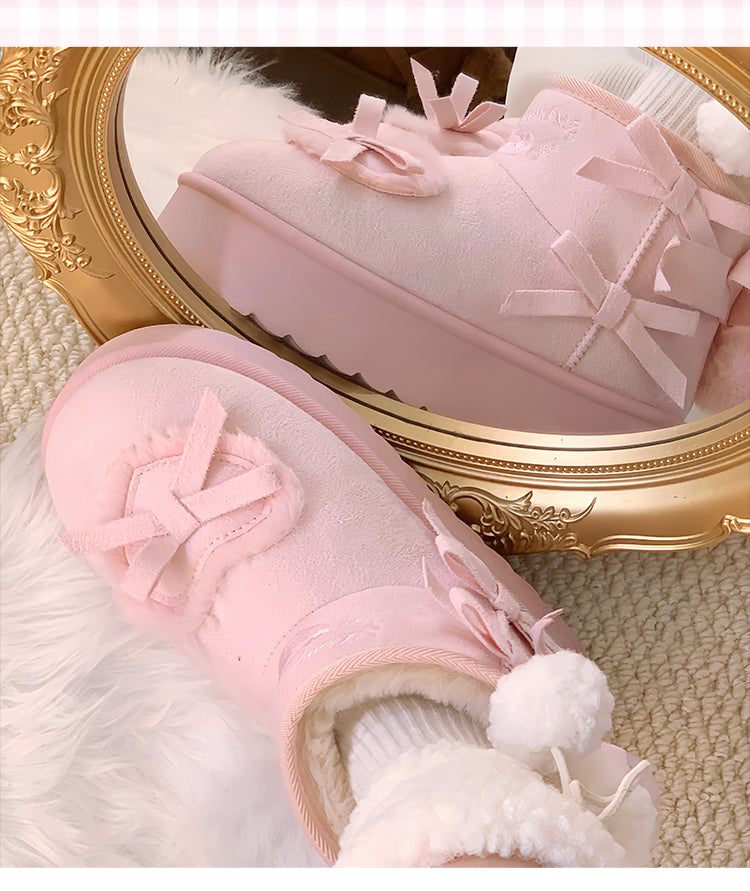 pink velvet heart-knot thick-soled snow boots