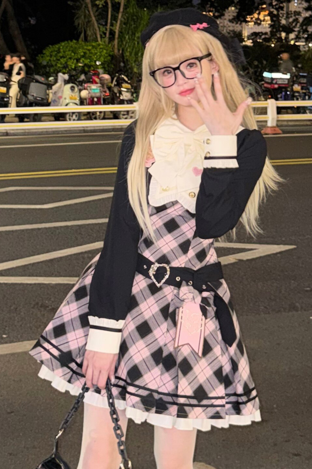 Check Sweet College Faux Two-Piece Dress + Beret