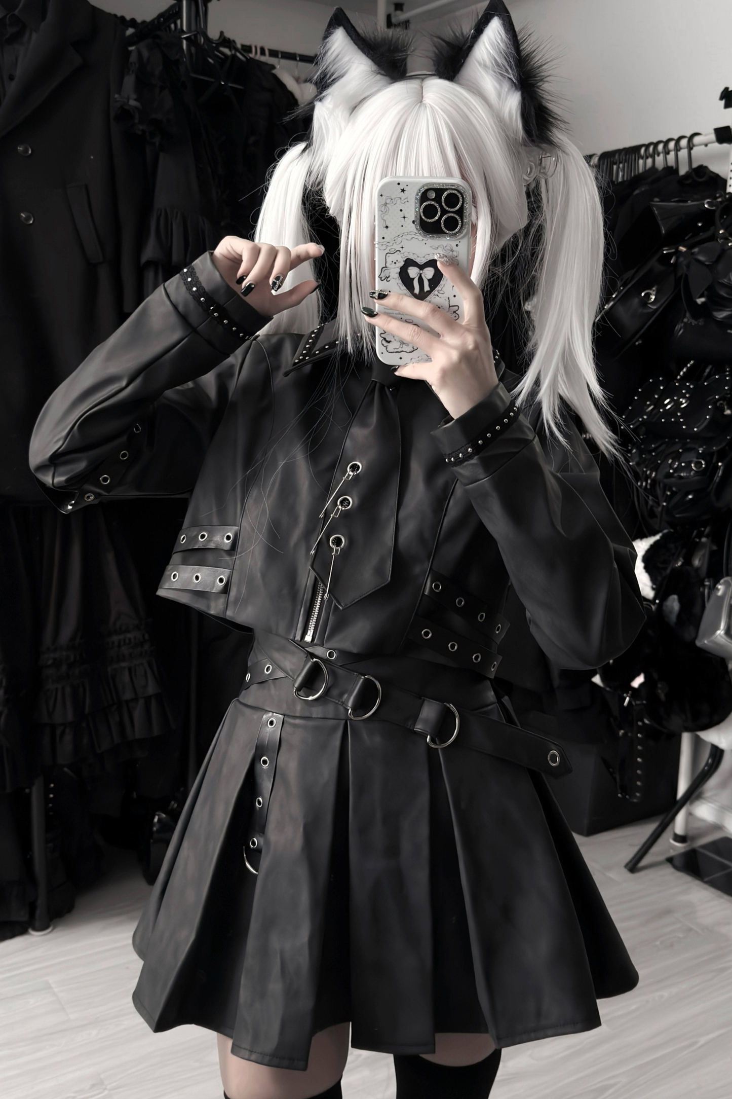 Gothic Matte Leather Dark Girl Top + Skirt