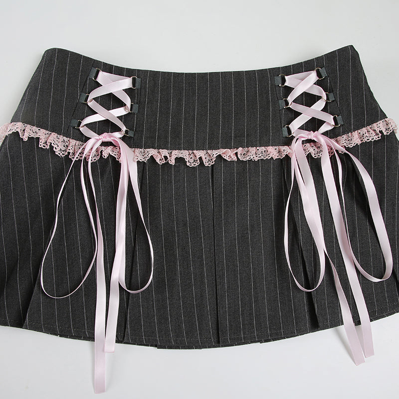 Bow Straps Striped Pleated Skirt