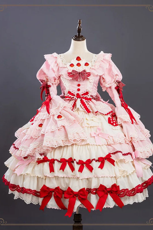 Strawberry Fantasy Lolita Dress + Jumper Skirt + Ribbon + Sleeves + Bonnet