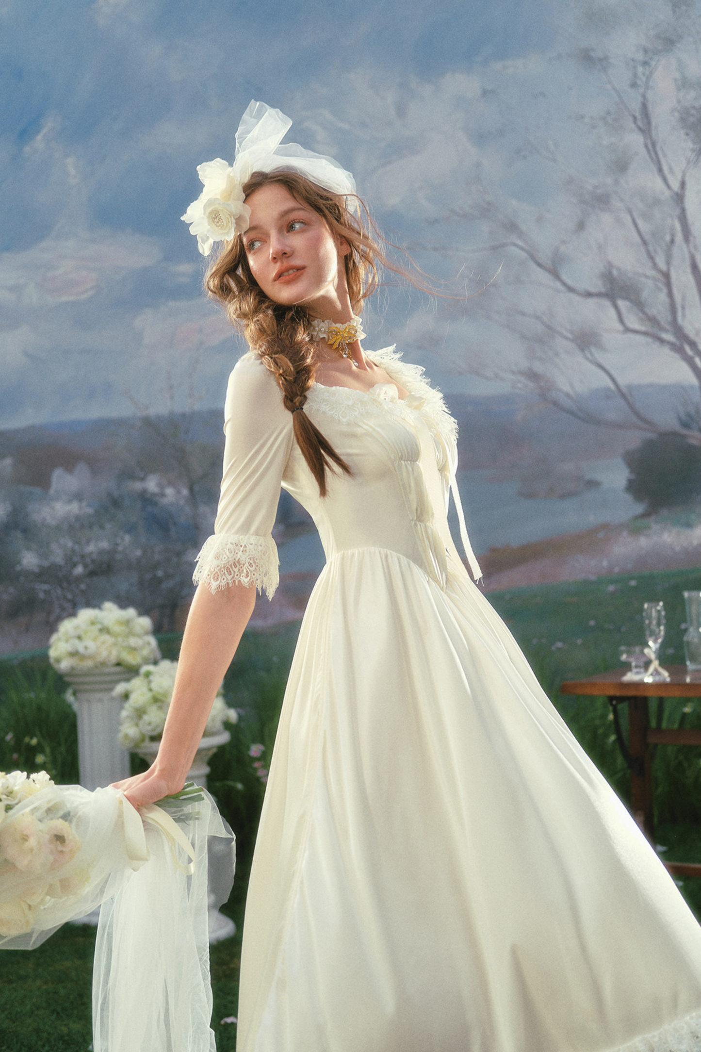 French Retro Satin Wedding Dress