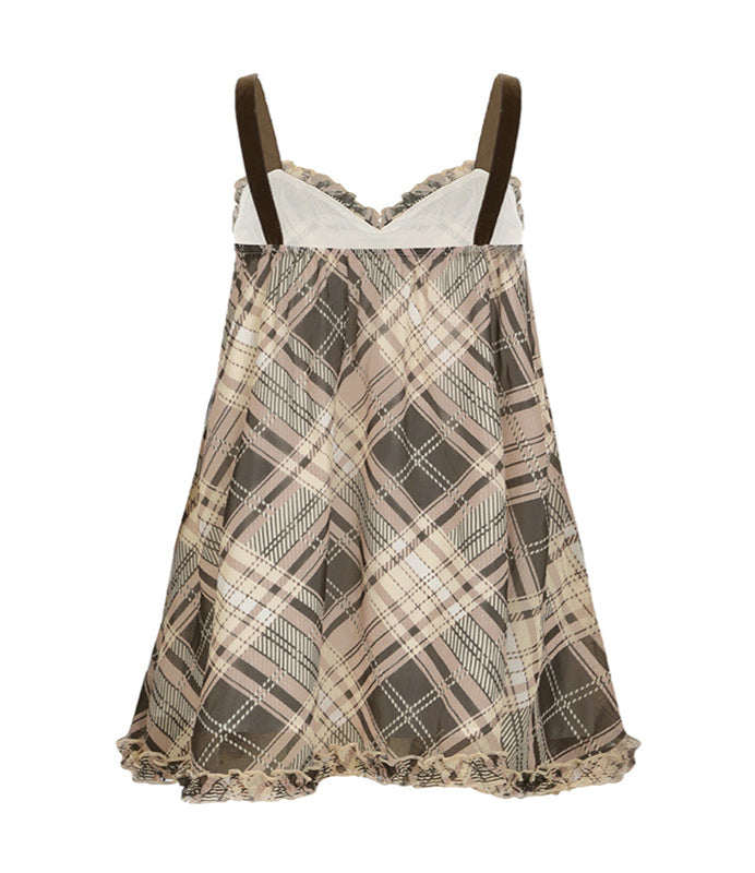 Brown Bow Tie Plaid Tank Top