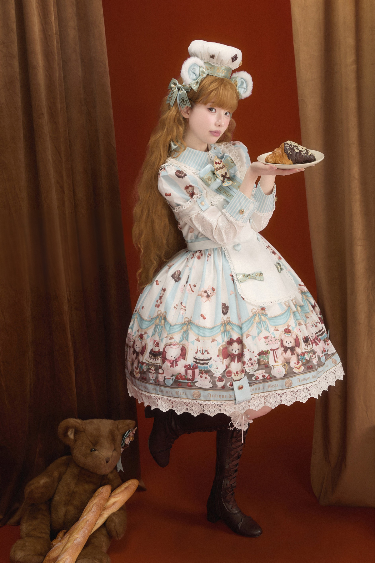 Antique Bear Chef Lolita Dress + Apron + Sleeves + Headband + Brooch + Hair Clip + Hat