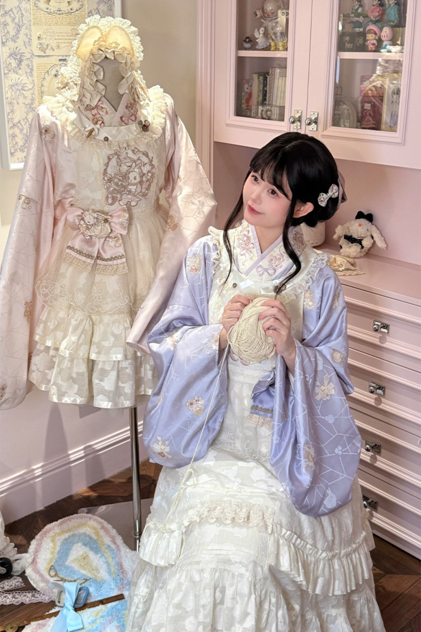 Chinese Pastel Top + Apron + Bow + Necklace + Brooch + Hair Accessories