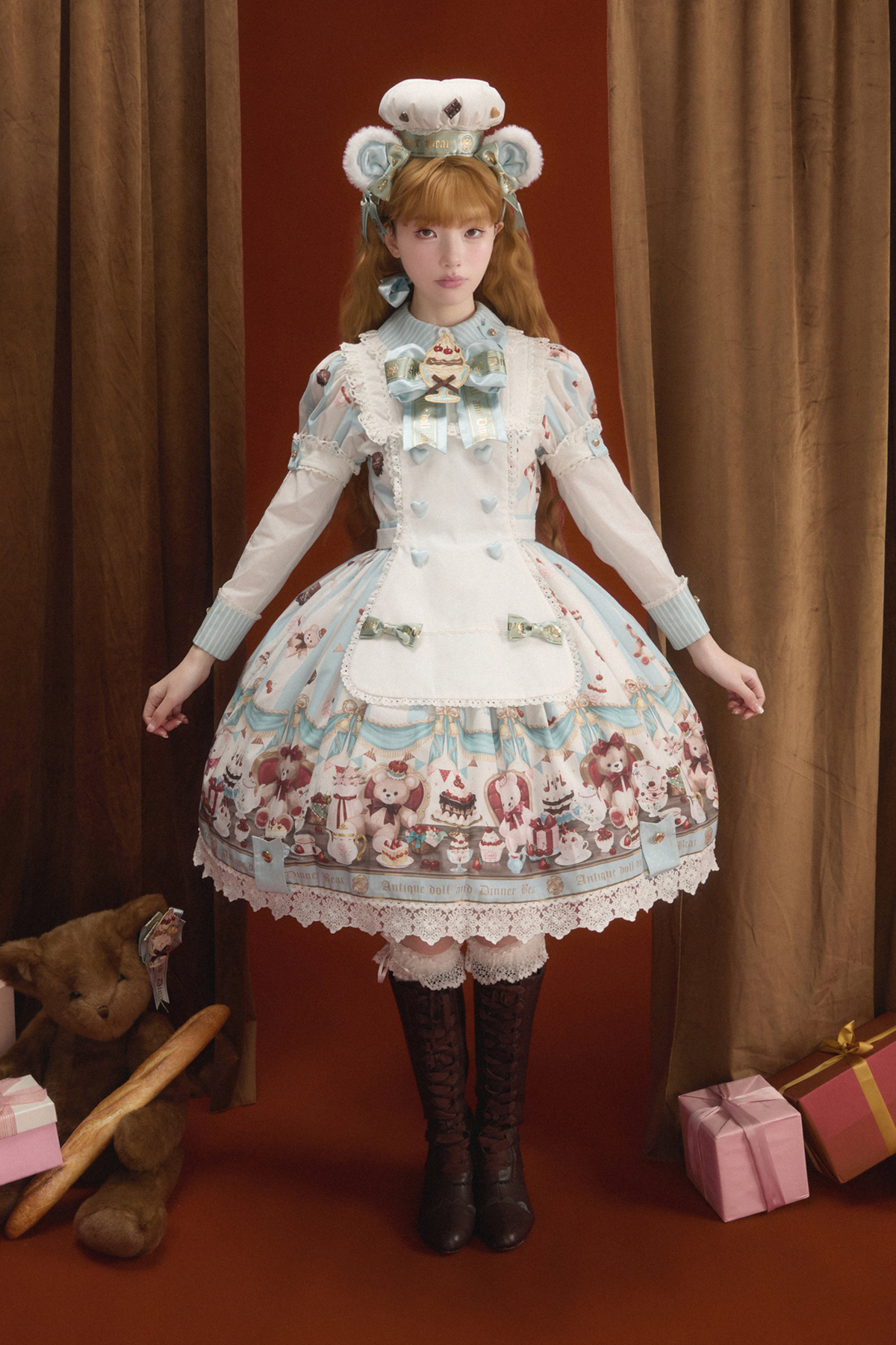 Antique Bear Chef Lolita Dress + Apron + Sleeves + Headband + Brooch + Hair Clip + Hat