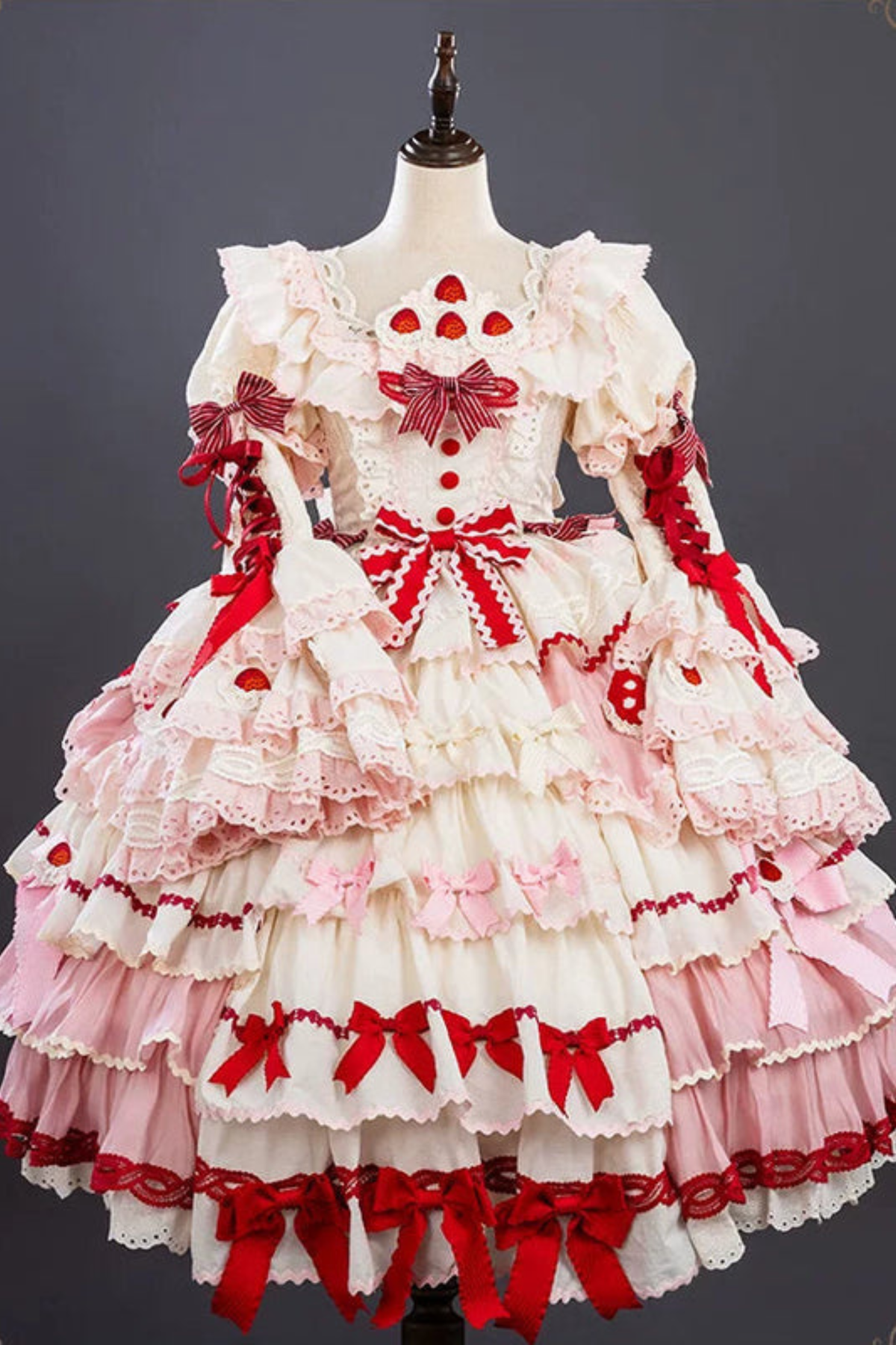 Strawberry Fantasy Lolita Dress + Jumper Skirt + Ribbon + Sleeves + Bonnet White［Dress］