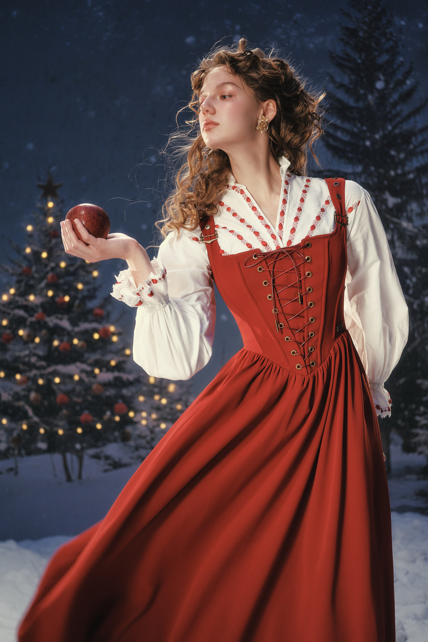 Lace Maid Retro Red Suspender Dress + Blouse