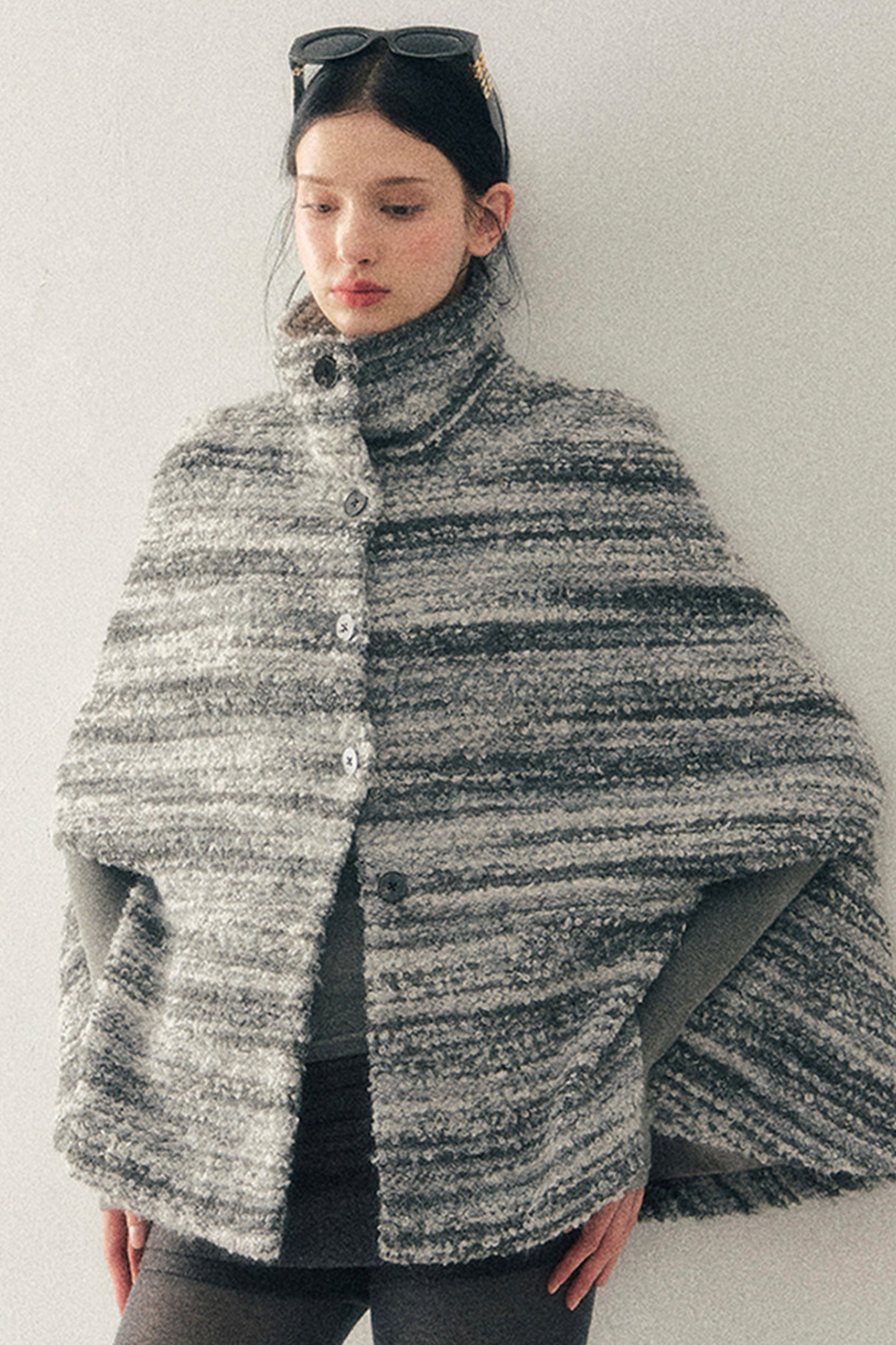 French Striped Wool Turtleneck Coat