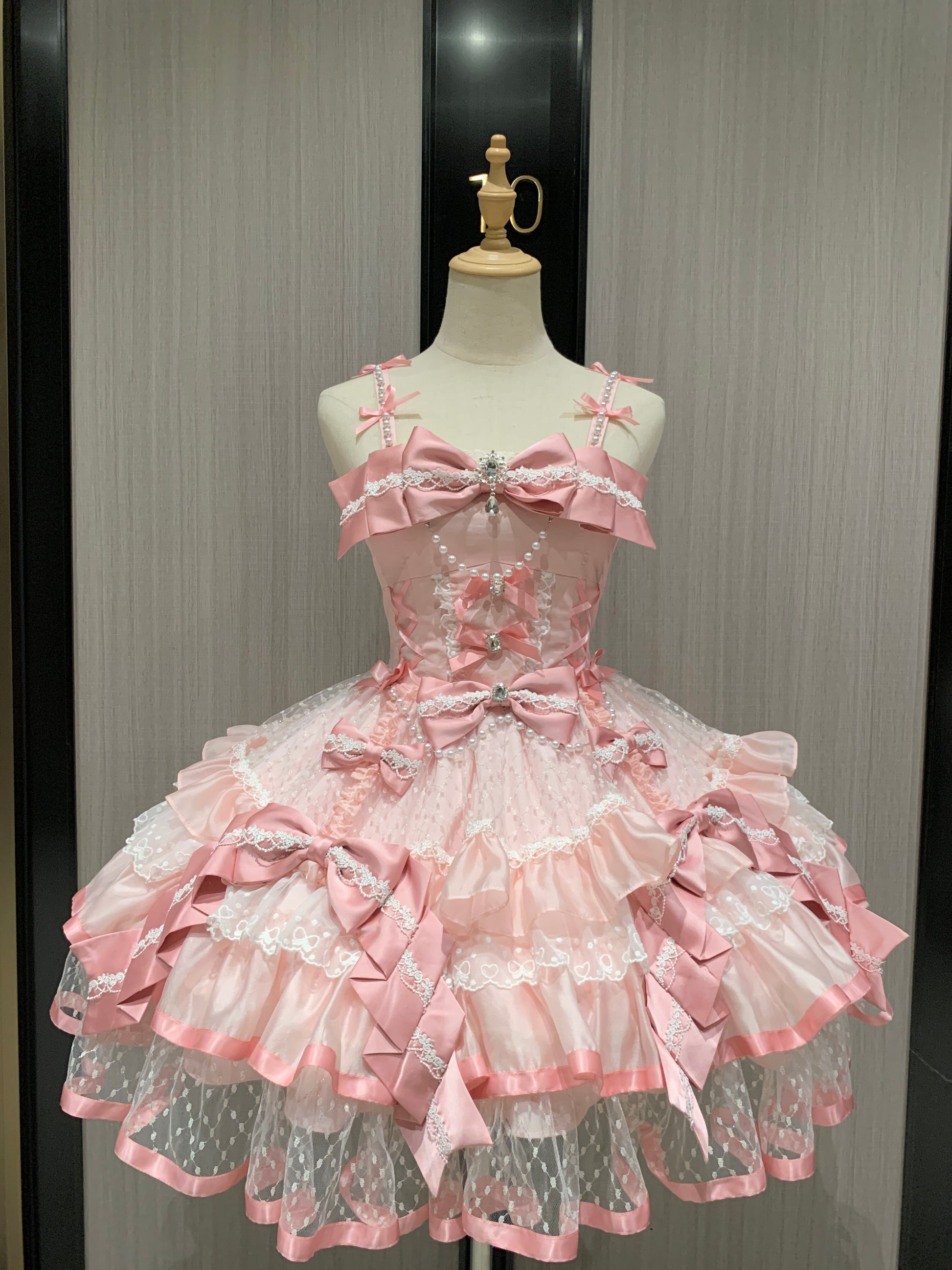 balletcore pink bow lace lolita dress