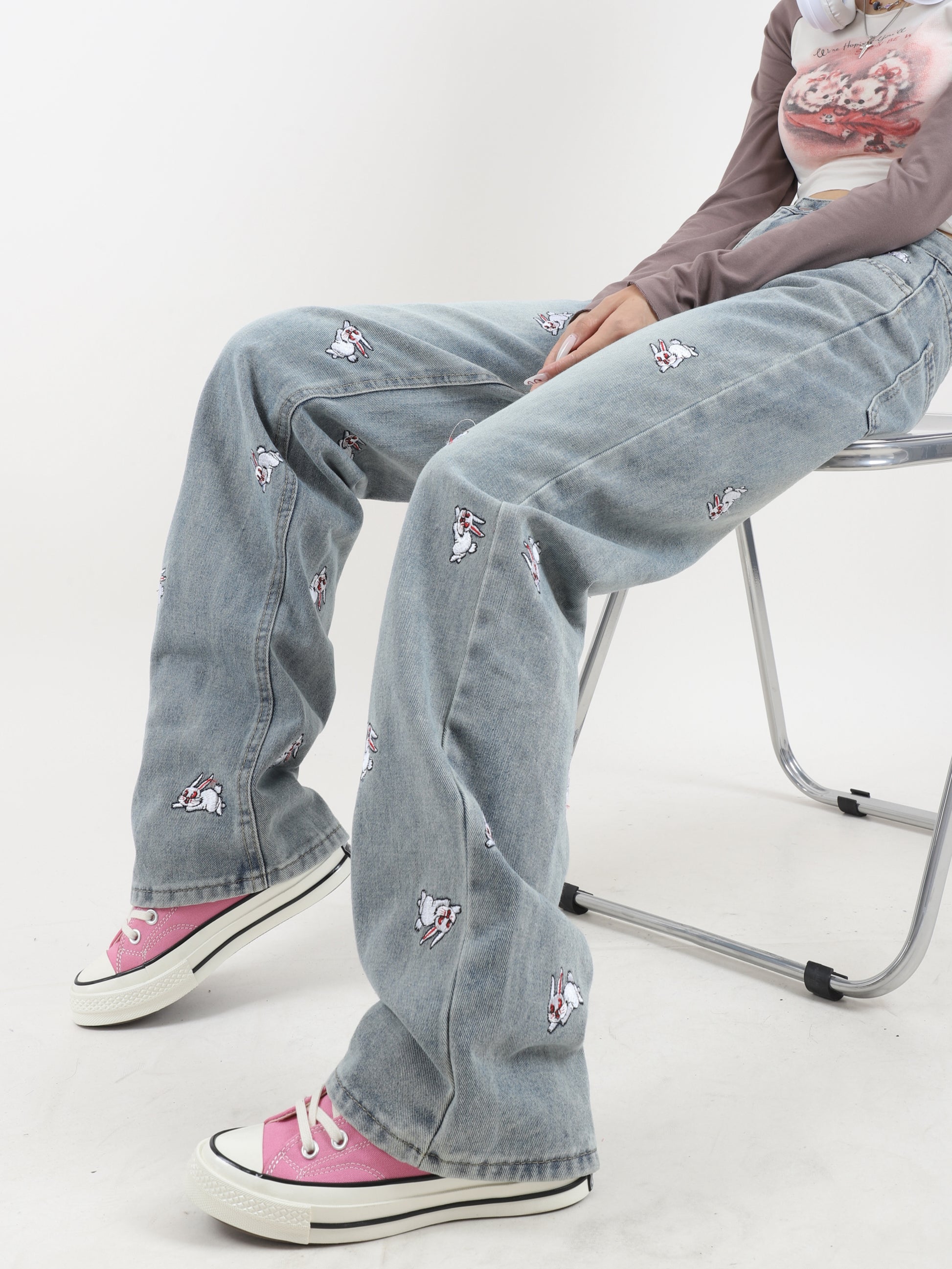 Acubi Cute Blue Rabbit Embroidered Jeans