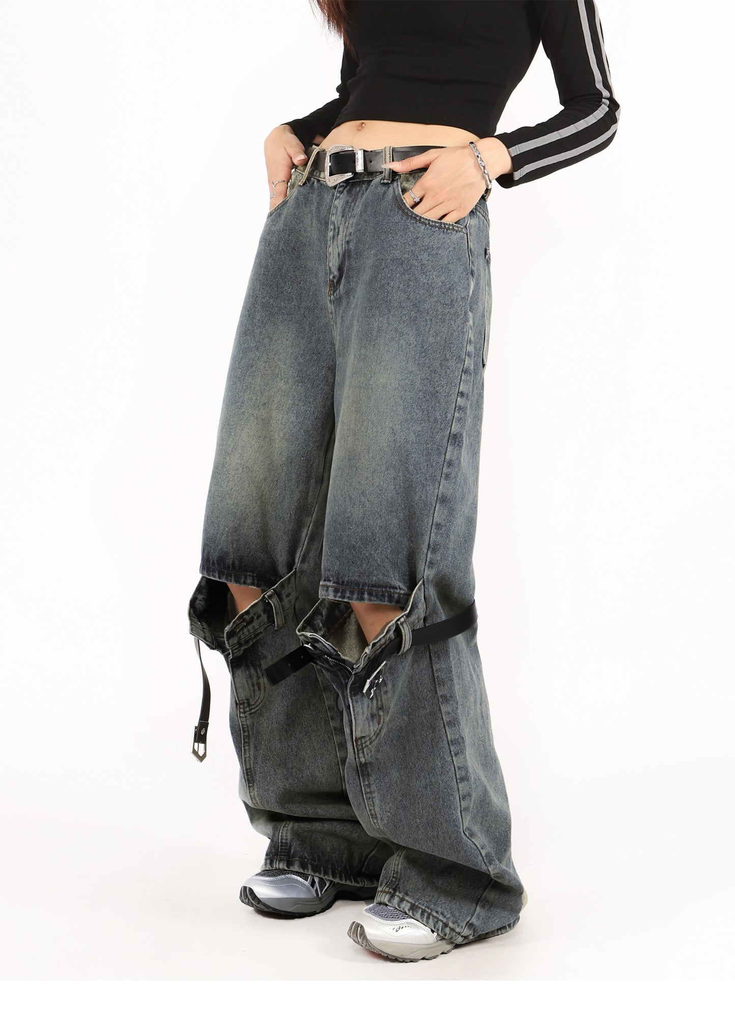 Grunge Ripped Distressed Belt Buckle Jeans